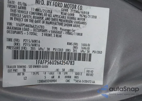 2006 Ford Taurus Sel from USA, damaged, VIN 1FAFP56U26A254783